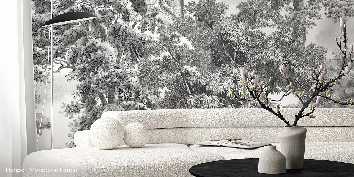 black white forest mural